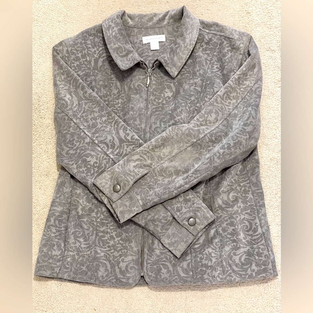 Christopher & Banks Gray Corduroy Collar Jacket Zipper Pockets Floral Soft XL